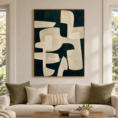 Night Interlock: Textured Black Ivory Geometric Art — villa wood