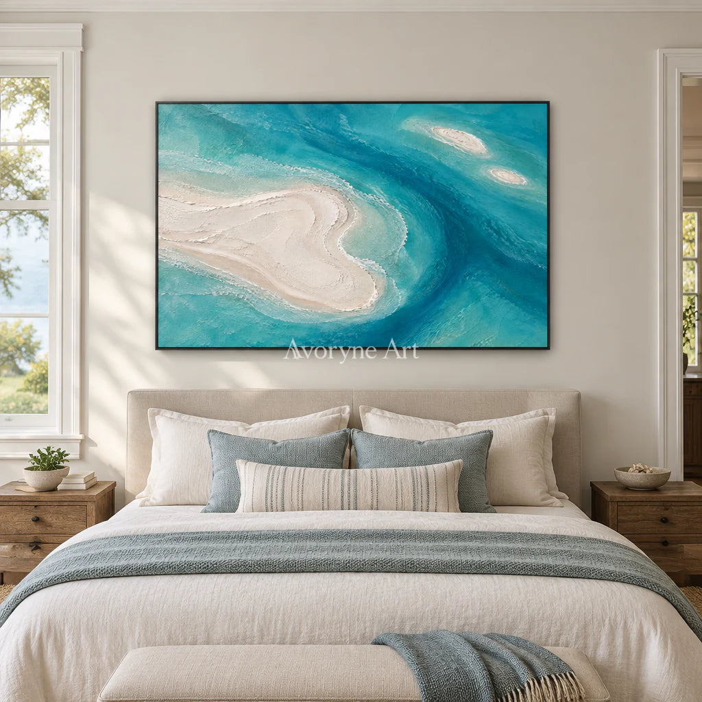Azure Sandbars: Textured Blue Coastal Relief Wall Art — bedroom black
