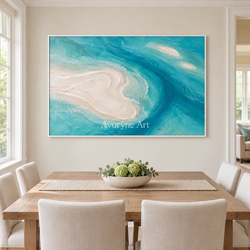 Azure Sandbars: Textured Blue Coastal Relief Wall Art — dining white