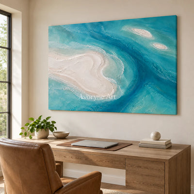 Azure Sandbars: Textured Blue Coastal Relief Wall Art — office frameless