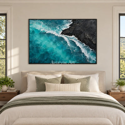 Volcanic Tide: Textured Blue Coastal Relief Wall Art — bedroom black