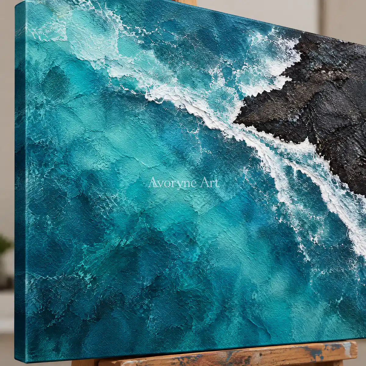 Volcanic Tide: Textured Blue Coastal Relief Wall Art — detail easel