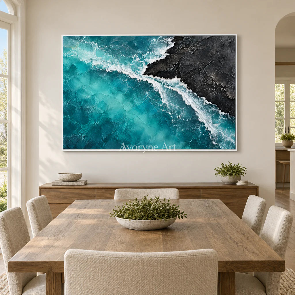 Volcanic Tide: Textured Blue Coastal Relief Wall Art — dining white