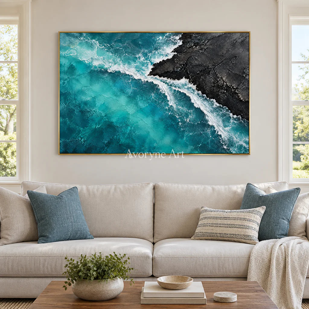 Volcanic Tide: Textured Blue Coastal Relief Wall Art — living gold