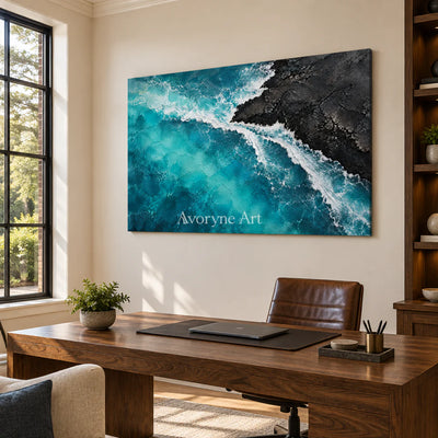 Volcanic Tide: Textured Blue Coastal Relief Wall Art — office frameless
