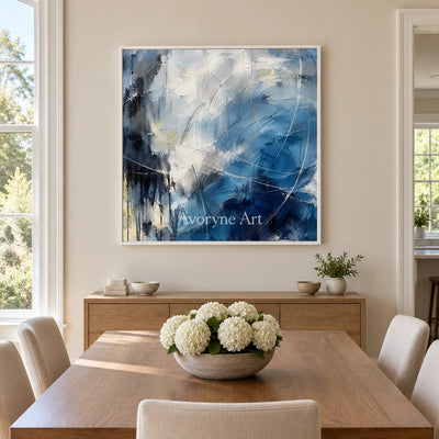 Cobalt Motion: Textured Blue Expressive Abstract Art — dining white