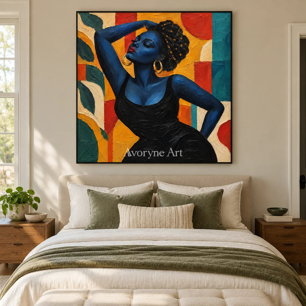 Azure Muse: Textured Blue Figure Colorful Wall Art — bedroom black