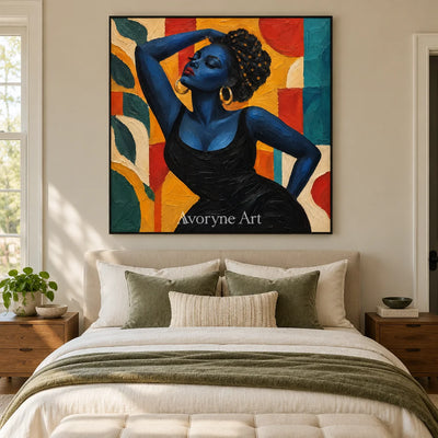 Azure Muse: Textured Blue Figure Colorful Wall Art — bedroom black