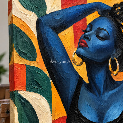 Azure Muse: Textured Blue Figure Colorful Wall Art — detail easel