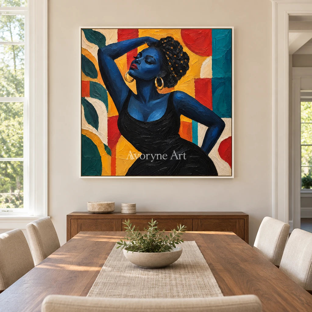 Azure Muse: Textured Blue Figure Colorful Wall Art — dining white