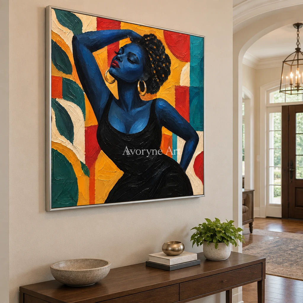 Azure Muse: Textured Blue Figure Colorful Wall Art — entry silver