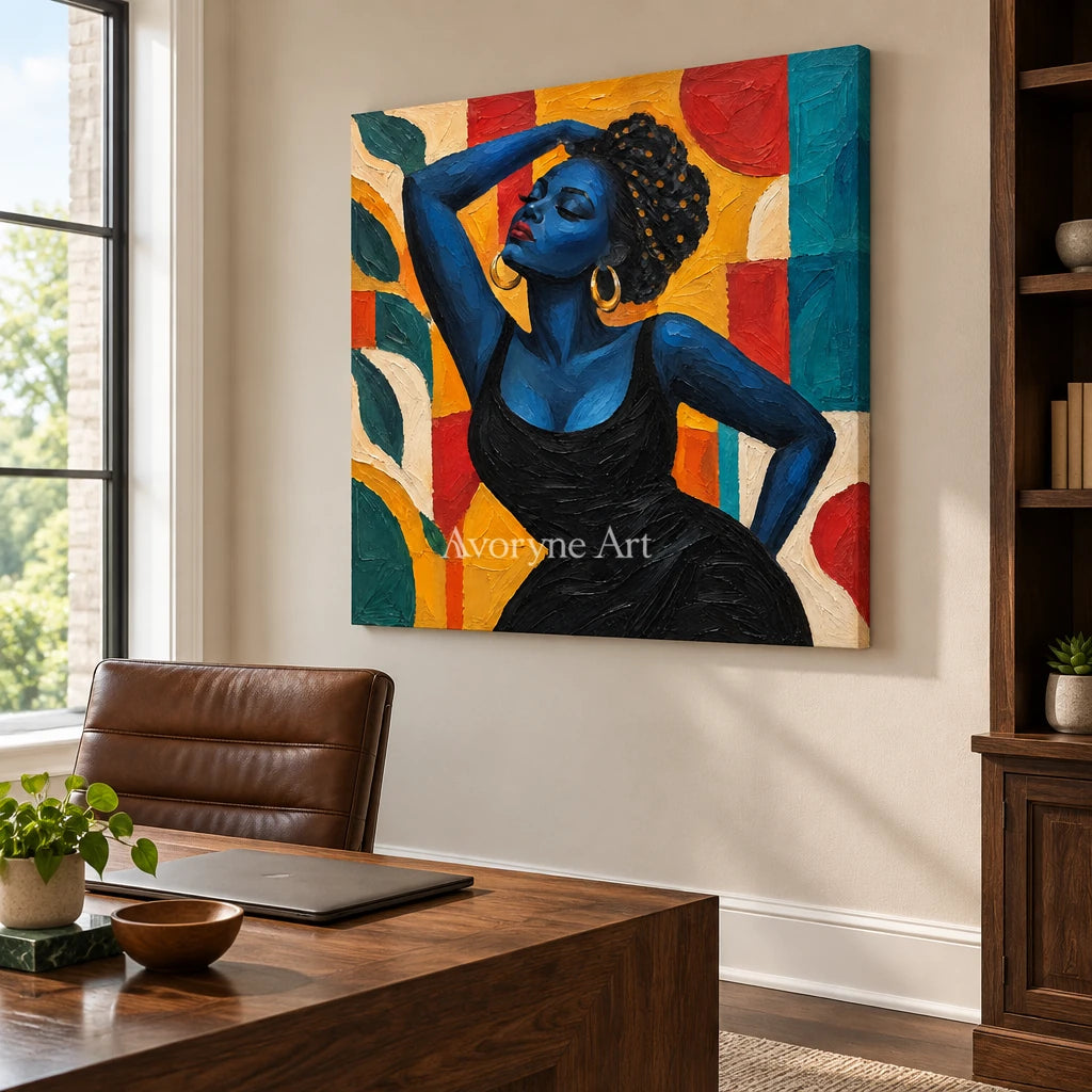 Azure Muse: Textured Blue Figure Colorful Wall Art — office frameless