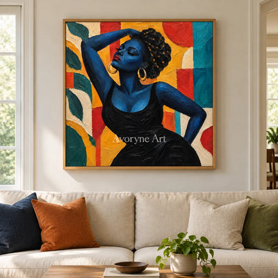 Azure Muse: Textured Blue Figure Colorful Wall Art — villa wood