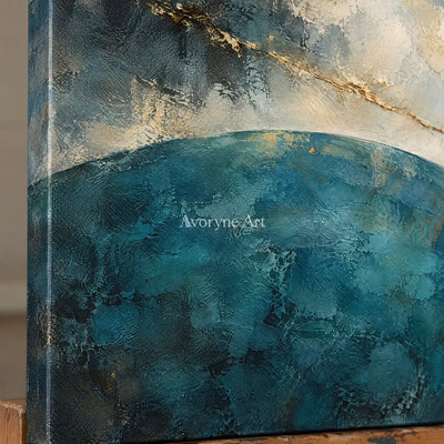 Teal Meridian: Textured Blue Gold Abstract Wall Art — detail easel