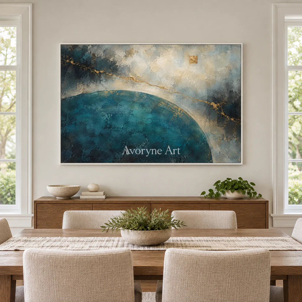 Teal Meridian: Textured Blue Gold Abstract Wall Art — dining white