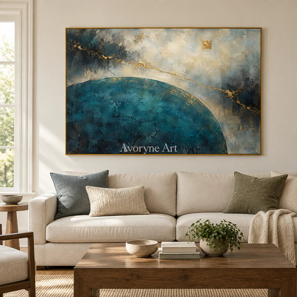 Teal Meridian: Textured Blue Gold Abstract Wall Art — living gold