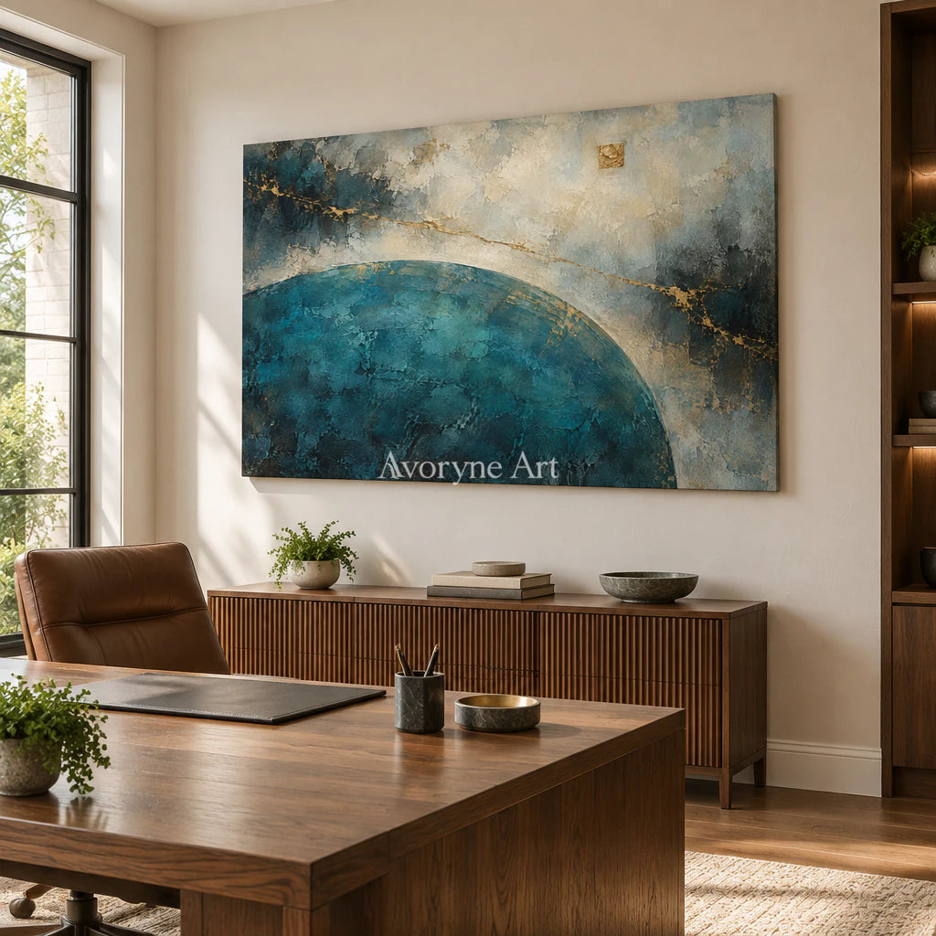 Teal Meridian: Textured Blue Gold Abstract Wall Art — office frameless