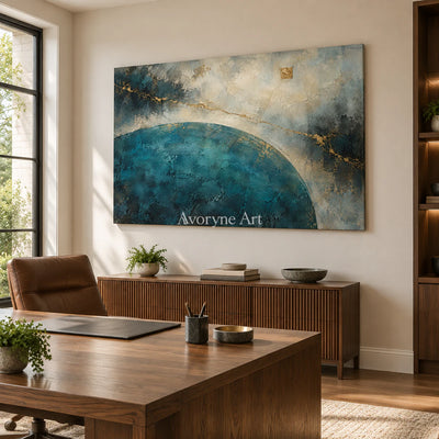 Teal Meridian: Textured Blue Gold Abstract Wall Art — office frameless