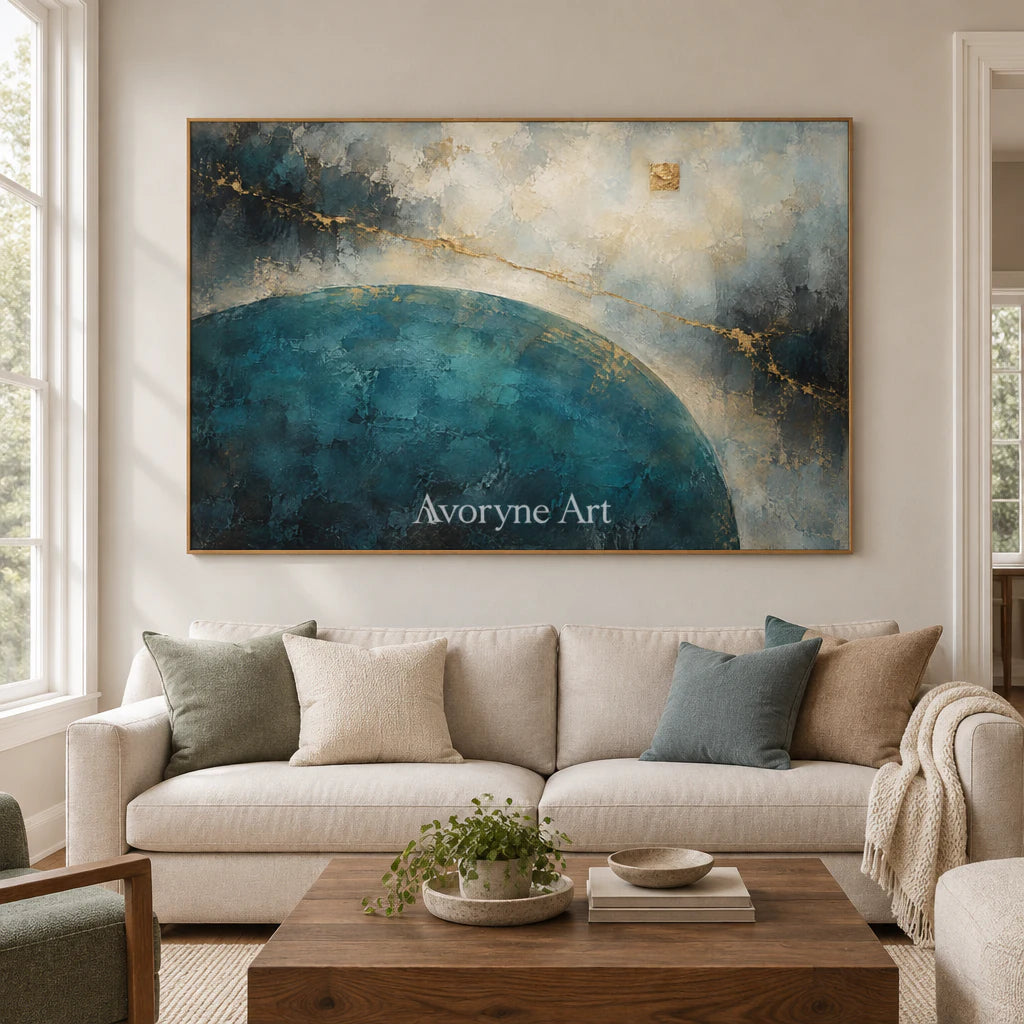 Teal Meridian: Textured Blue Gold Abstract Wall Art — villa wood