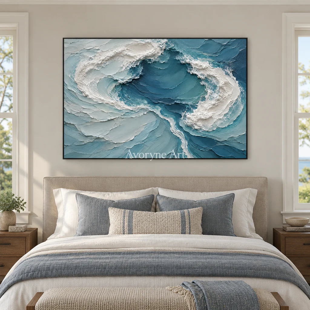 Blue Confluence: Textured Blue Ocean Relief Wall Art — bedroom black