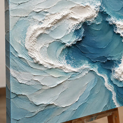 Blue Confluence: Textured Blue Ocean Relief Wall Art — detail easel
