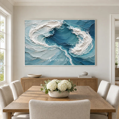 Blue Confluence: Textured Blue Ocean Relief Wall Art — dining white