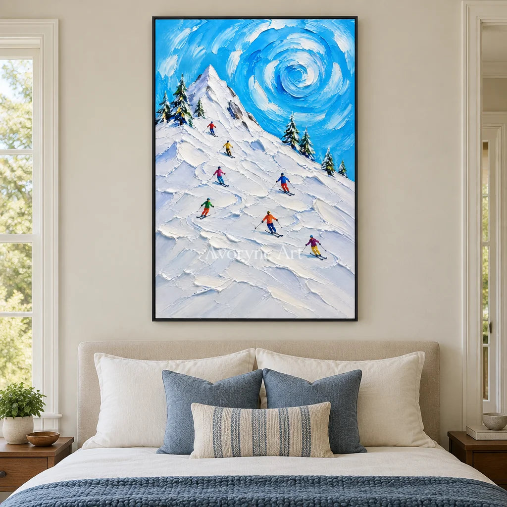 Alpine Whirl: Textured Blue Ski Landscape Wall Art — bedroom black