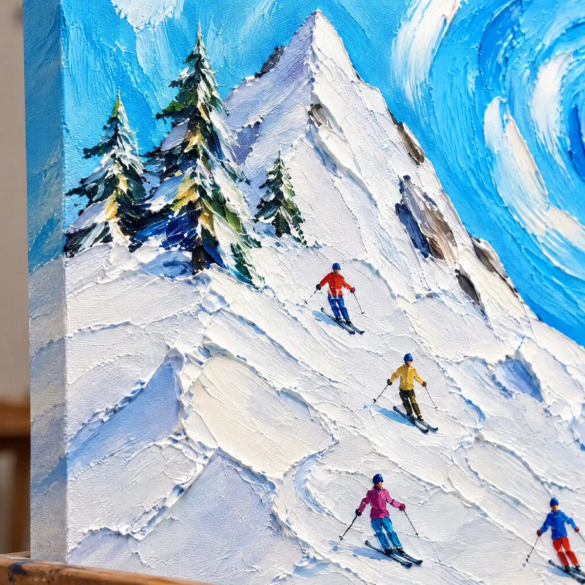 Alpine Whirl: Textured Blue Ski Landscape Wall Art — detail easel