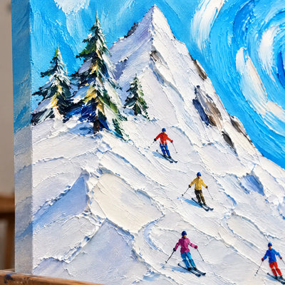 Alpine Whirl: Textured Blue Ski Landscape Wall Art — detail easel