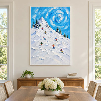 Alpine Whirl: Textured Blue Ski Landscape Wall Art — dining white