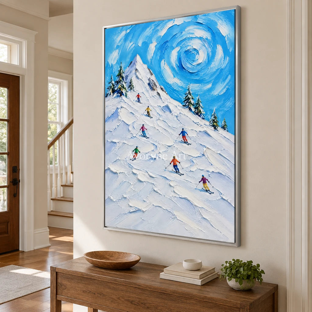 Alpine Whirl: Textured Blue Ski Landscape Wall Art — entry silver