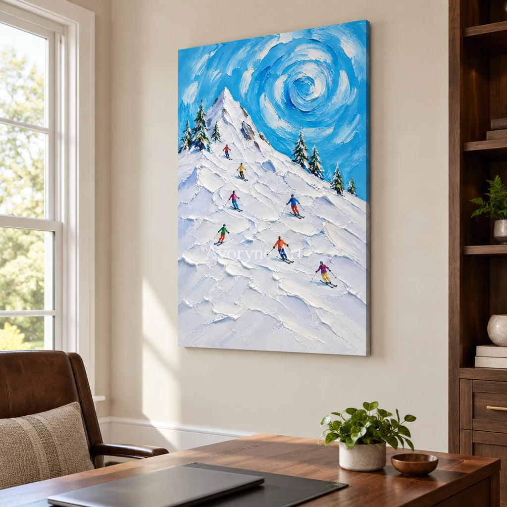 Alpine Whirl: Textured Blue Ski Landscape Wall Art — office frameless