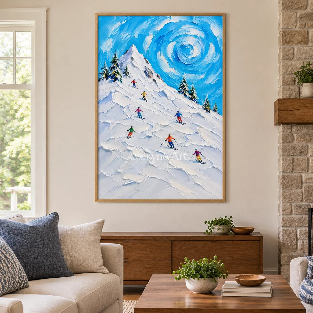 Alpine Whirl: Textured Blue Ski Landscape Wall Art — villa wood