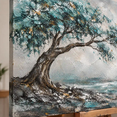 Windward Canopy: Textured Blue Tree Landscape Wall Art — detail easel