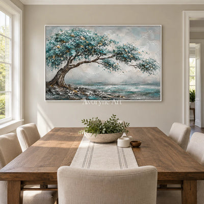 Windward Canopy: Textured Blue Tree Landscape Wall Art — dining white