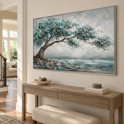 Windward Canopy: Textured Blue Tree Landscape Wall Art — entry silver