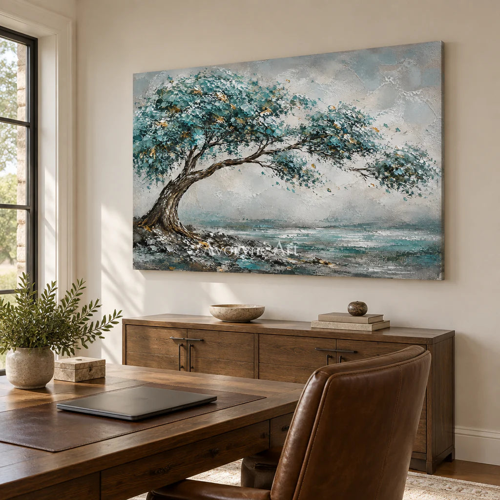 Windward Canopy: Textured Blue Tree Landscape Wall Art — office frameless