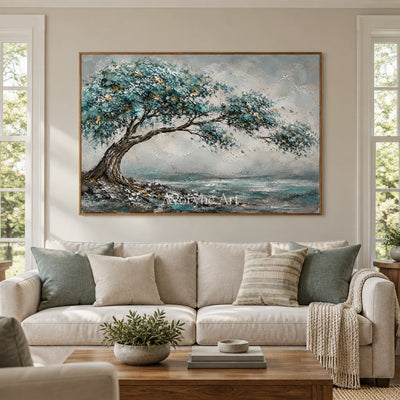 Windward Canopy: Textured Blue Tree Landscape Wall Art — villa wood