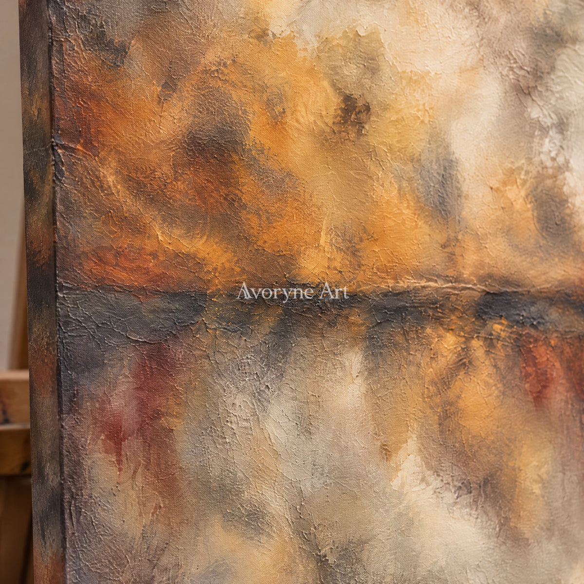 Ember Mist: Textured Brown Abstract Horizon Wall Art — detail easel