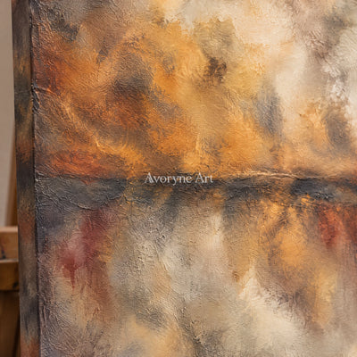 Ember Mist: Textured Brown Abstract Horizon Wall Art — detail easel
