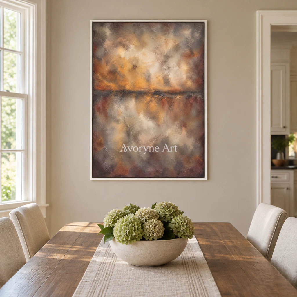 Ember Mist: Textured Brown Abstract Horizon Wall Art — dining white