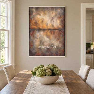Ember Mist: Textured Brown Abstract Horizon Wall Art — dining white