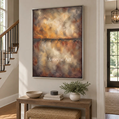Ember Mist: Textured Brown Abstract Horizon Wall Art — entry silver
