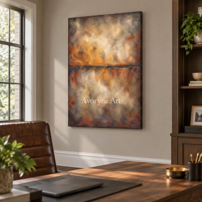 Ember Mist: Textured Brown Abstract Horizon Wall Art — office frameless