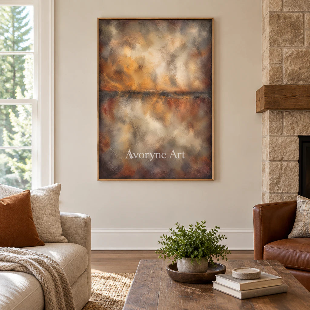 Ember Mist: Textured Brown Abstract Horizon Wall Art — villa wood