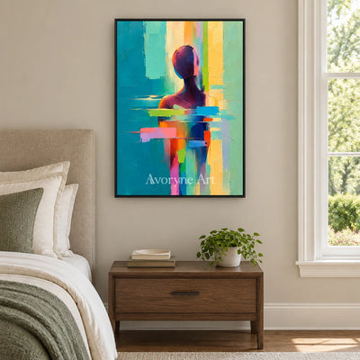 Prism Echo: Textured Colorful Figure Abstract Art — bedroom black