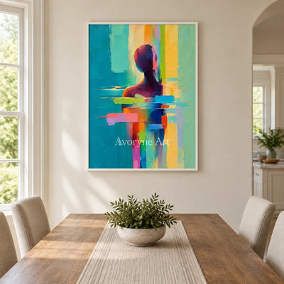 Prism Echo: Textured Colorful Figure Abstract Art — dining white
