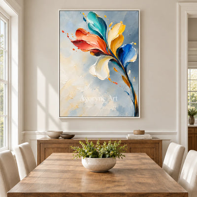 Petal Flight: Textured Colorful Floral Wall Art — dining white