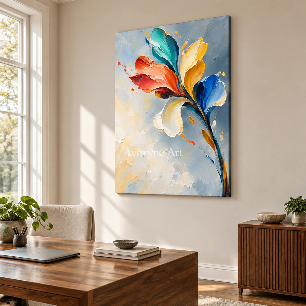 Petal Flight: Textured Colorful Floral Wall Art — office frameless