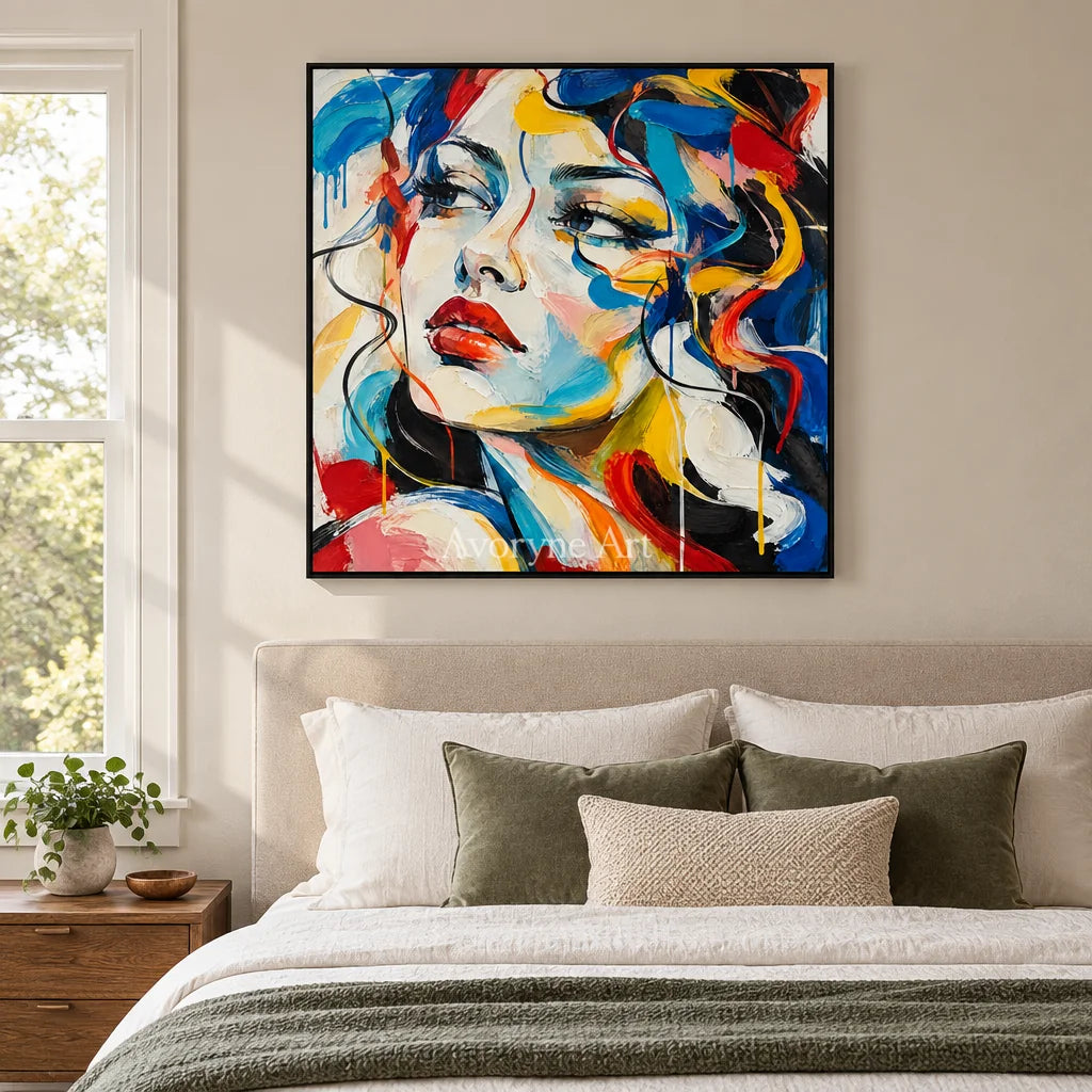 Chromatic Gaze: Textured Colorful Portrait Wall Art — bedroom black